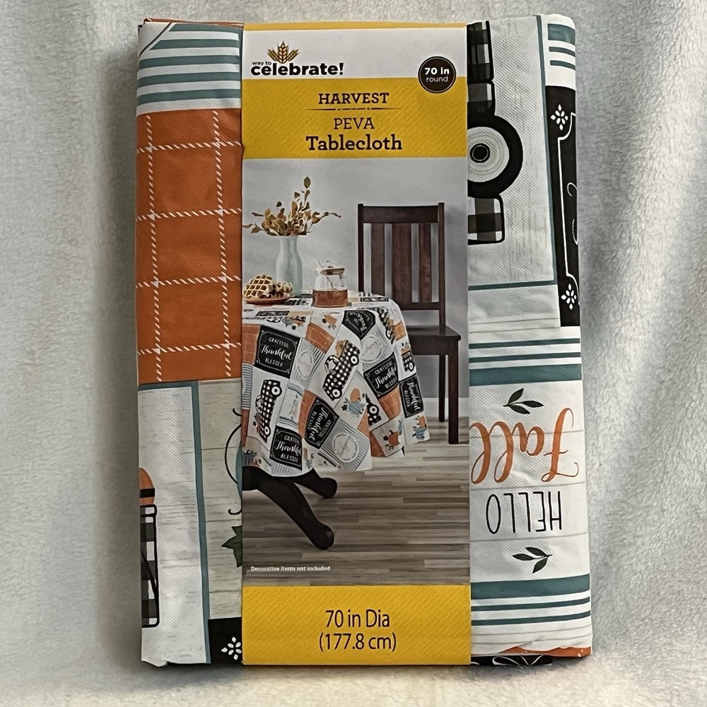 Harvest Tablecloth Vinyl  70" round Fall Pumpkin Truck‎ Teal Orange